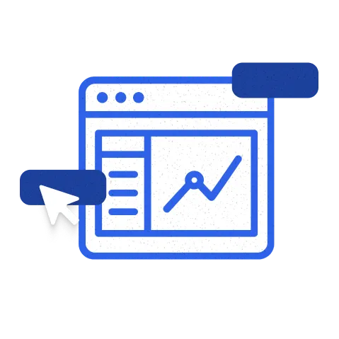 Browser window with a rising line chart and a cursor clicking a button