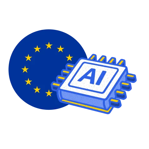 The EU flag's circle of stars beside an AI chip
