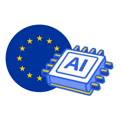 The EU flag's circle of stars beside an AI chip