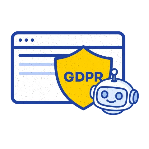 Browser window with a yellow GDPR shield and a friendly robot