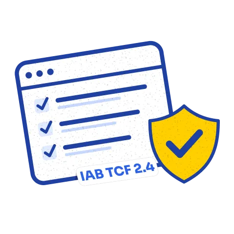A consent checklist window with a check-mark shield and an IAB TCF 2.4 label