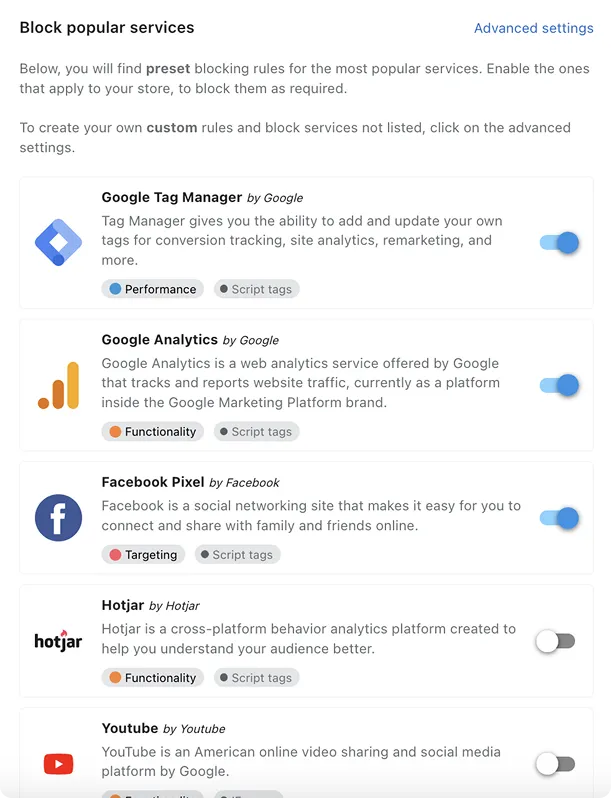 Pandectes' Block popular services settings, with preset rules for Google Tag Manager, Google Analytics, Facebook Pixel and more