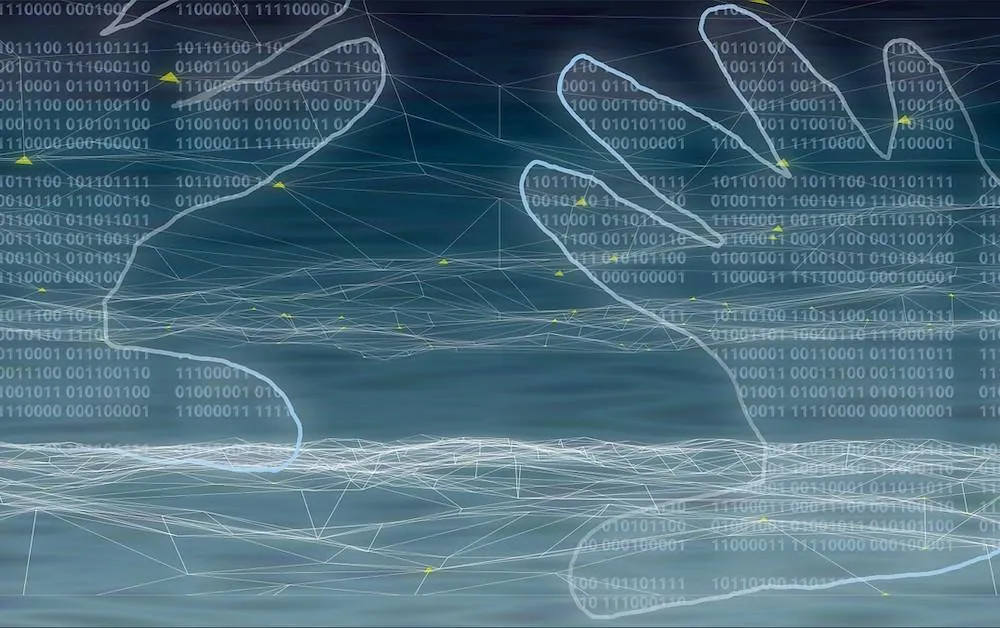 Outlined hands over a network of binary data
