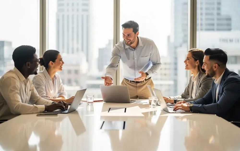 A team discussing AI governance around a conference table