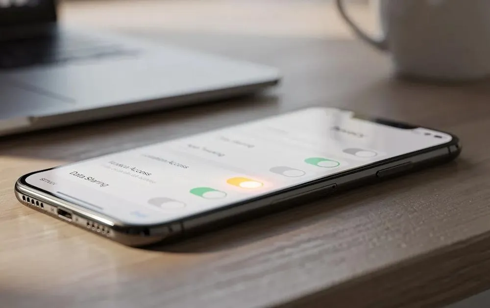 A person holding a phone next to a magnifying glass and a shield icon, representing app tracking oversight