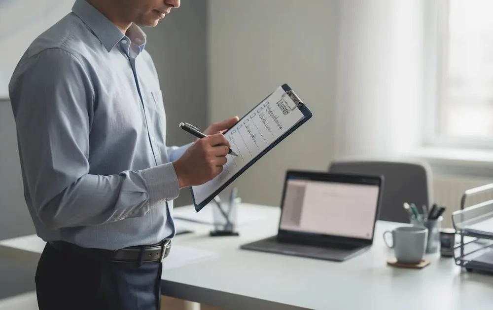 Person ticking off a checklist on a clipboard beside a laptop