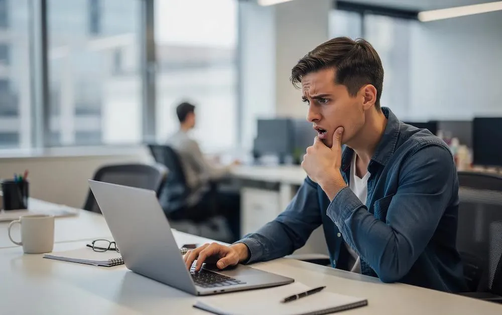 A puzzled man frowning at his laptop in an office