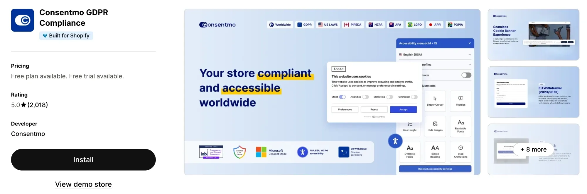 The Consentmo GDPR Compliance listing on the Shopify App Store: free plan, 5.0 rating from 2,018 reviews