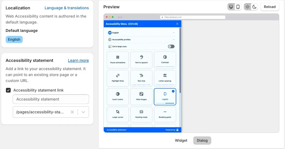 Accessibility statement link and language settings beside the menu preview