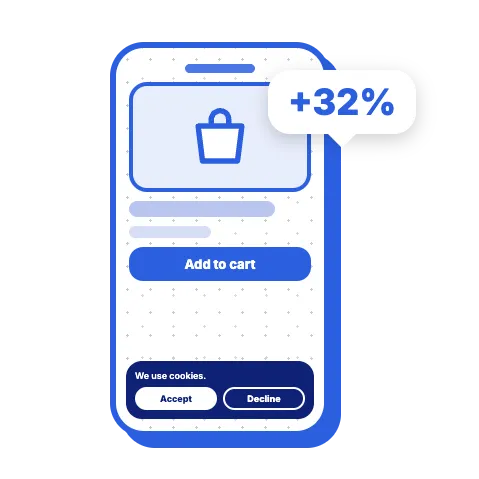 A phone showing a Shopify product page with a cookie banner and a +32% conversion lift