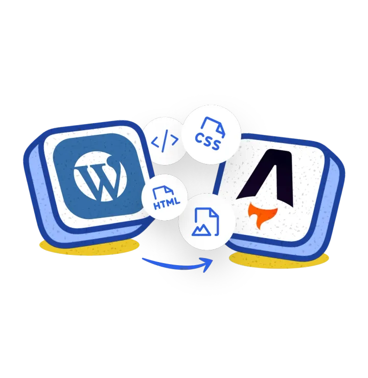 The WordPress logo handing HTML, CSS, code and image files over to the Astro logo
