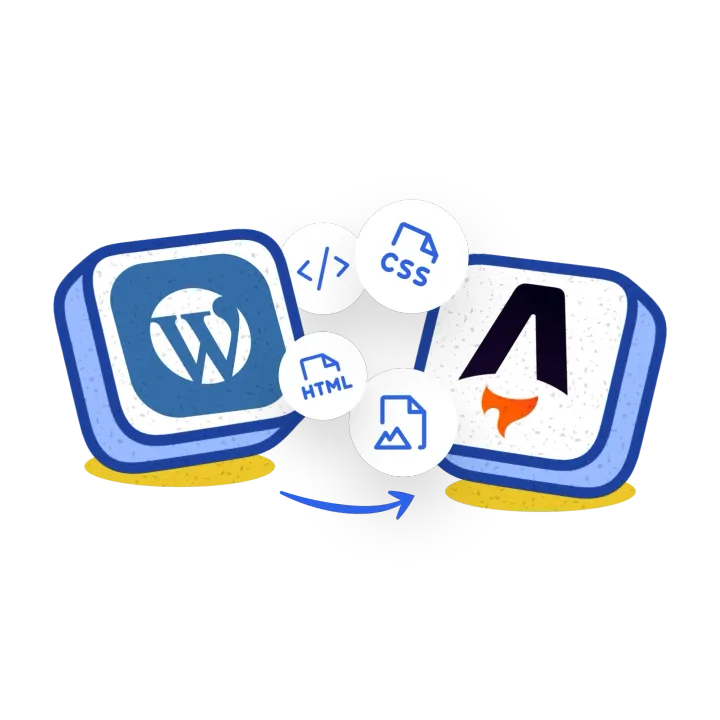 The WordPress logo handing HTML, CSS, code and image files over to the Astro logo