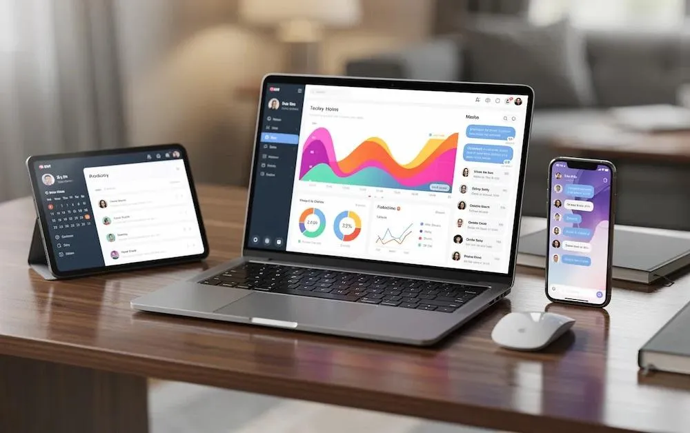 A dashboard shown on a laptop, a tablet and a phone