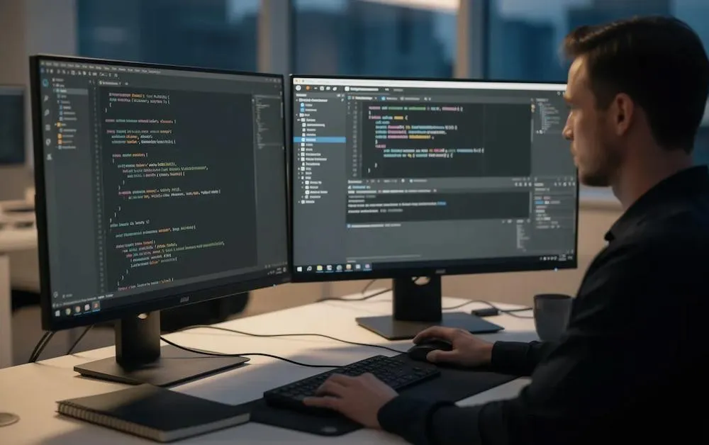 A developer writing code on two monitors