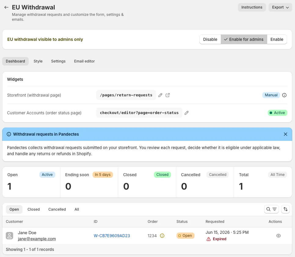 The EU Withdrawal dashboard in Pandectes, with open requests and their deadlines