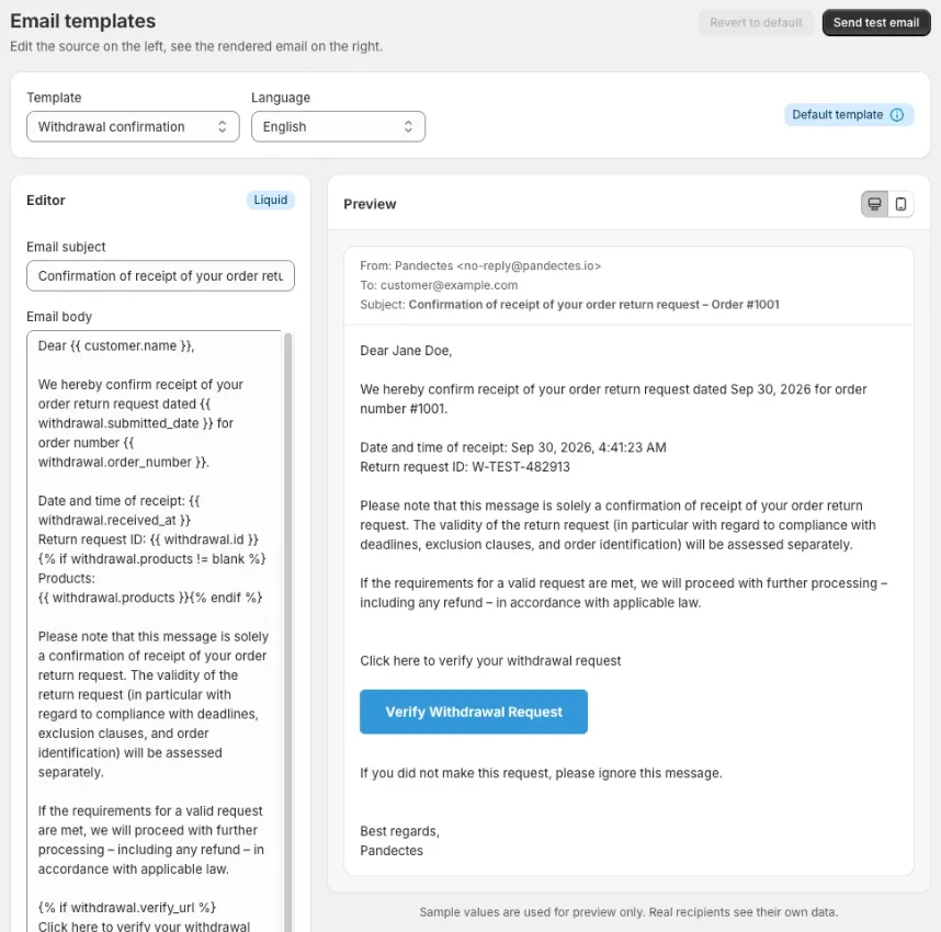 Editing the withdrawal confirmation email with a live preview