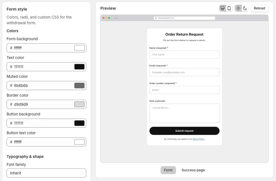 Styling the withdrawal form with a live preview