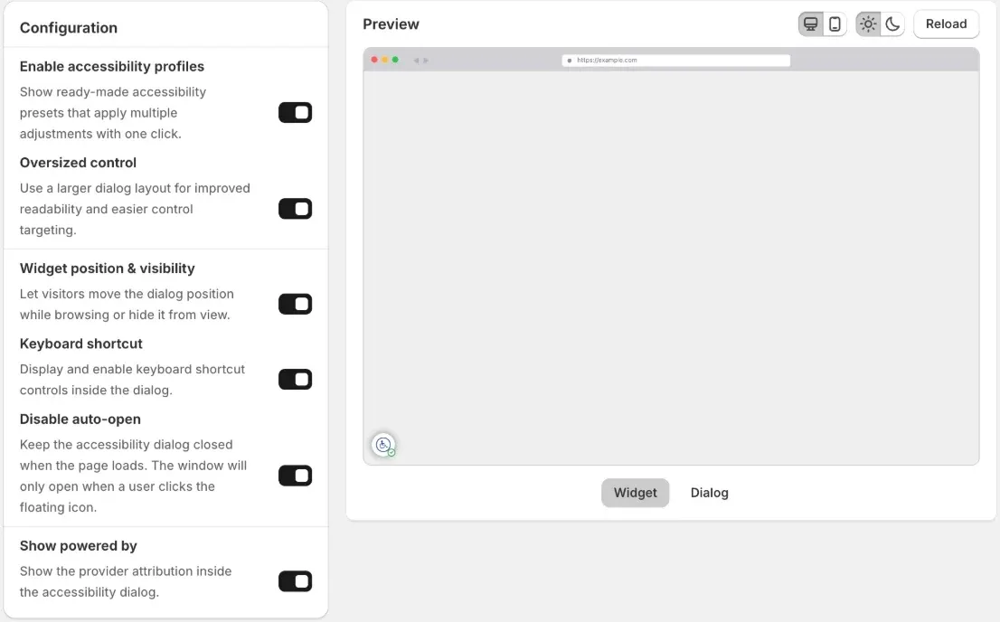 Web Accessibility behavior settings with a live preview
