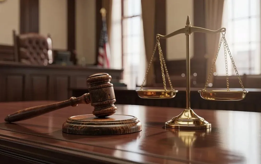 A gavel and a set of scales of justice on a courtroom desk