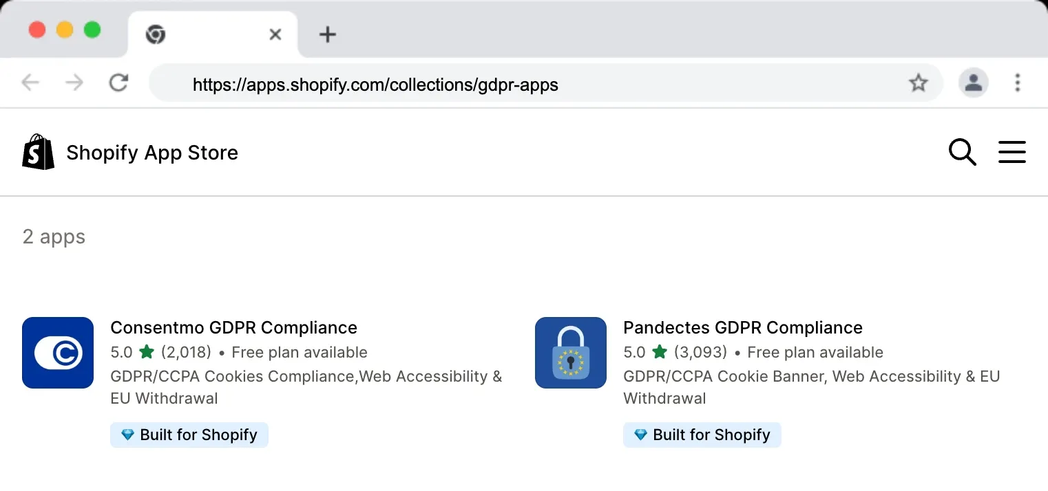 The GDPR apps collection on the Shopify App Store, listing Consentmo and Pandectes, both rated 5.0 and Built for Shopify