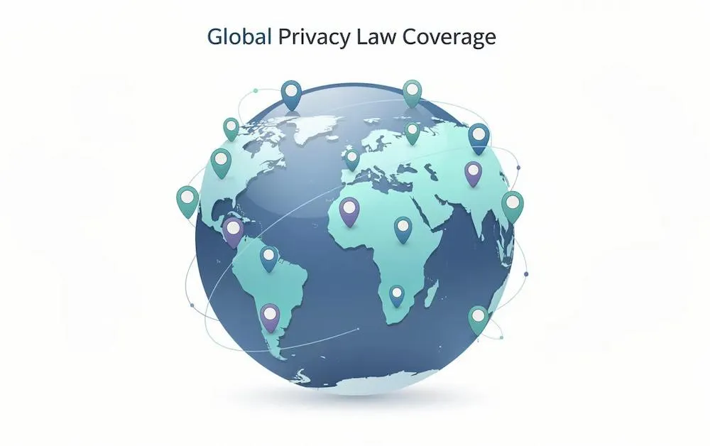 Globe with map pins titled Global Privacy Law Coverage
