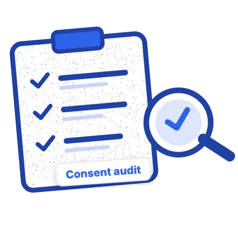 A consent audit checklist with a magnifying glass and a shield