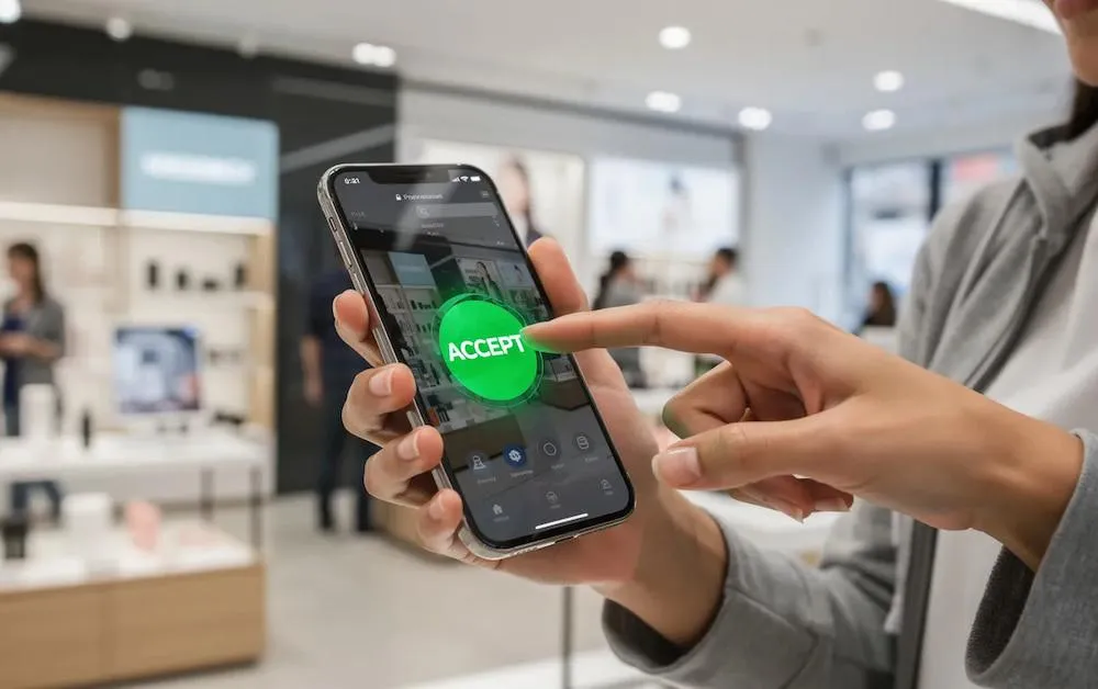 Shopper tapping a green Accept button on a phone in a store