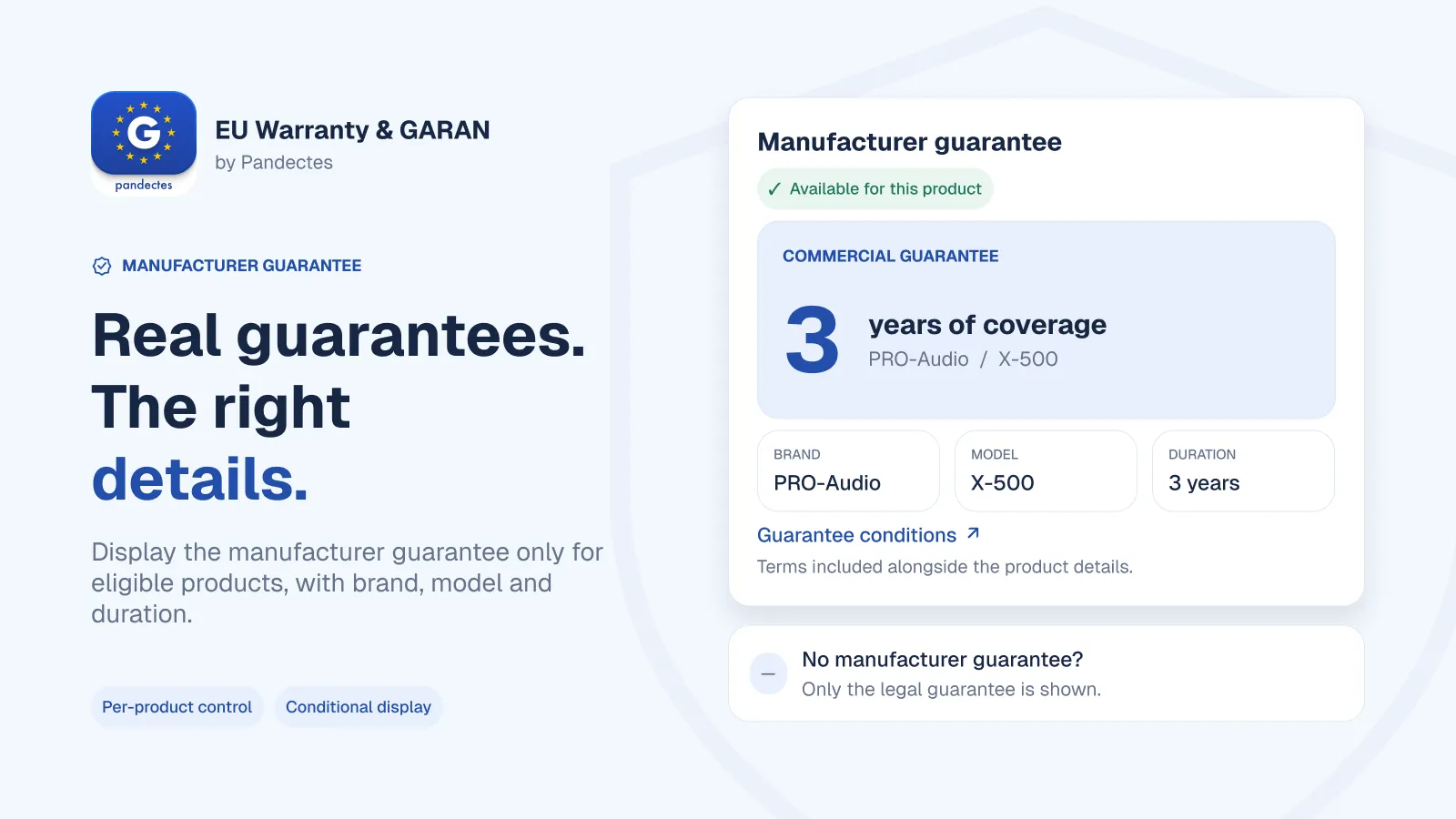 The GARAN label showing a manufacturer’s guarantee duration, brand, and model on a Shopify product page