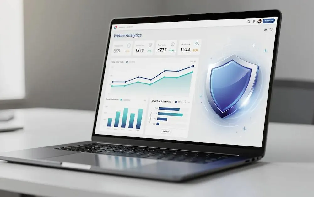 Laptop showing a website analytics dashboard beside a security shield