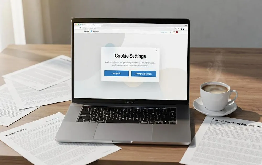 Laptop showing a cookie settings banner among privacy policy and data processing documents