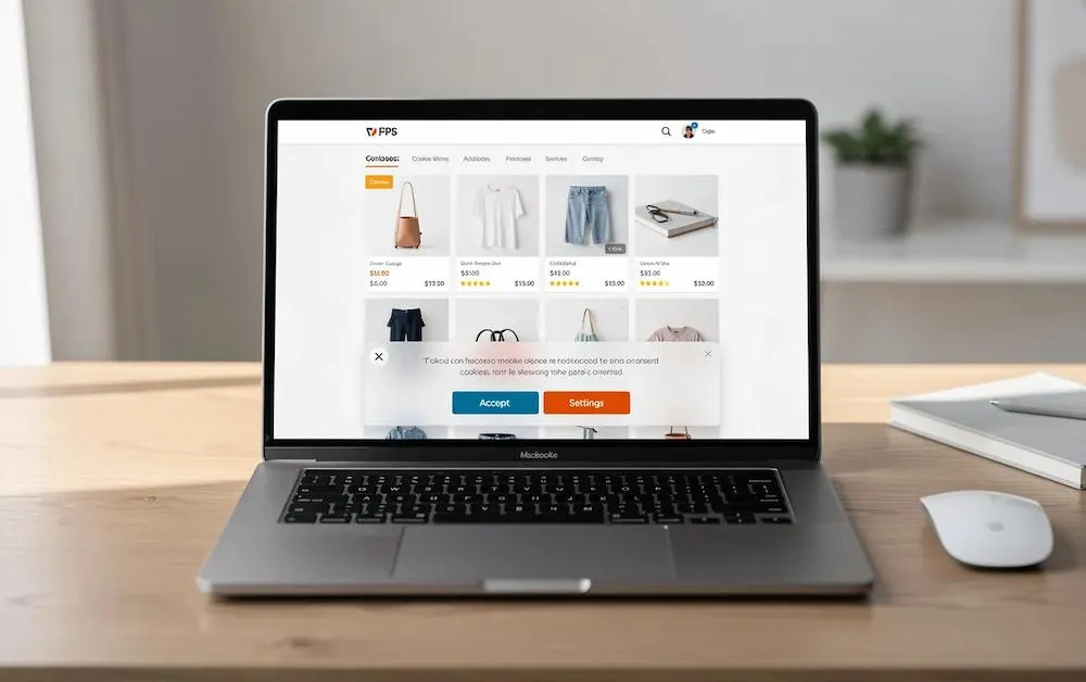 Laptop showing an online store with a cookie banner offering Accept and Settings