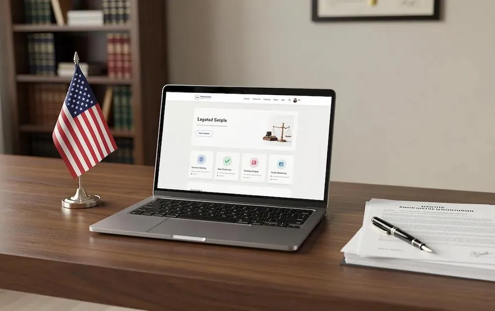A laptop on a wooden desk beside a small US flag and signed documents