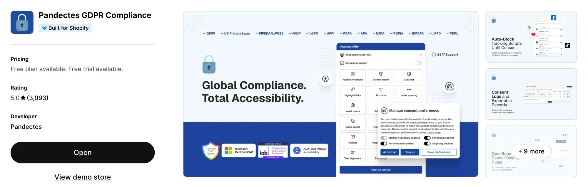 The Pandectes GDPR Compliance listing on the Shopify App Store, rated 5.0 from 3,093 reviews and Built for Shopify
