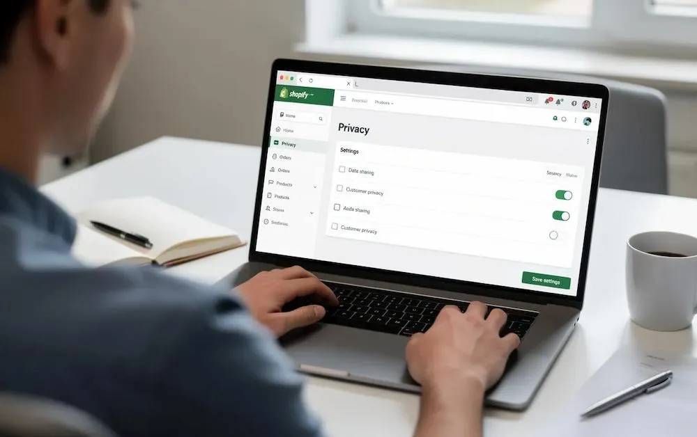 Person adjusting privacy settings in a Shopify admin on a laptop