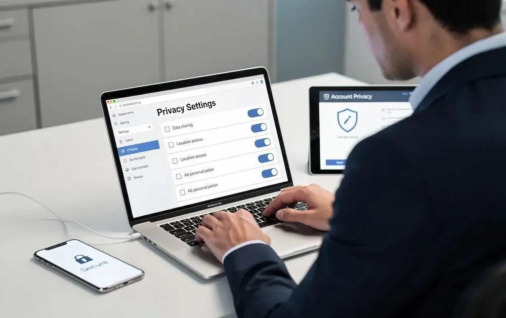 A person reviewing privacy settings on a laptop, with a tablet and phone nearby