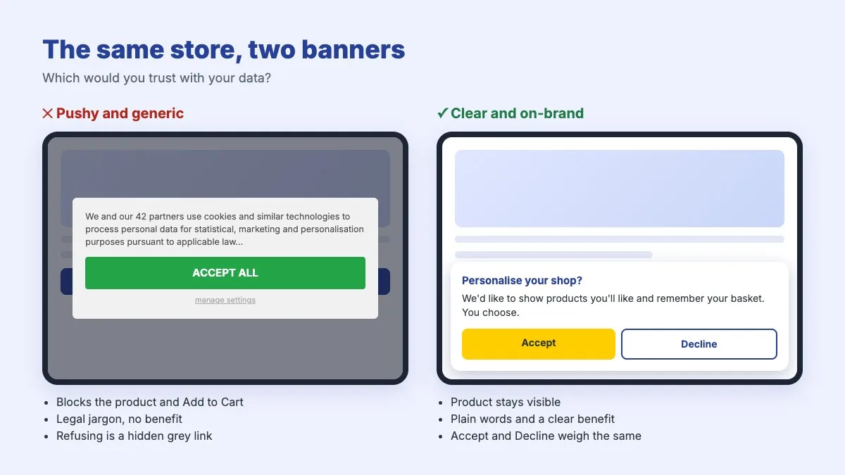 The same store with two banners: a pushy, generic banner that blocks the product with legal jargon and a hidden refuse link, beside a clear, on-brand banner with plain words and equal Accept and Decline buttons