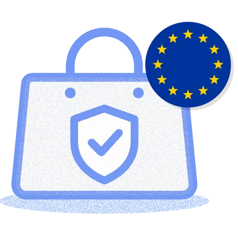 A shopping bag with a check mark shield and the EU stars