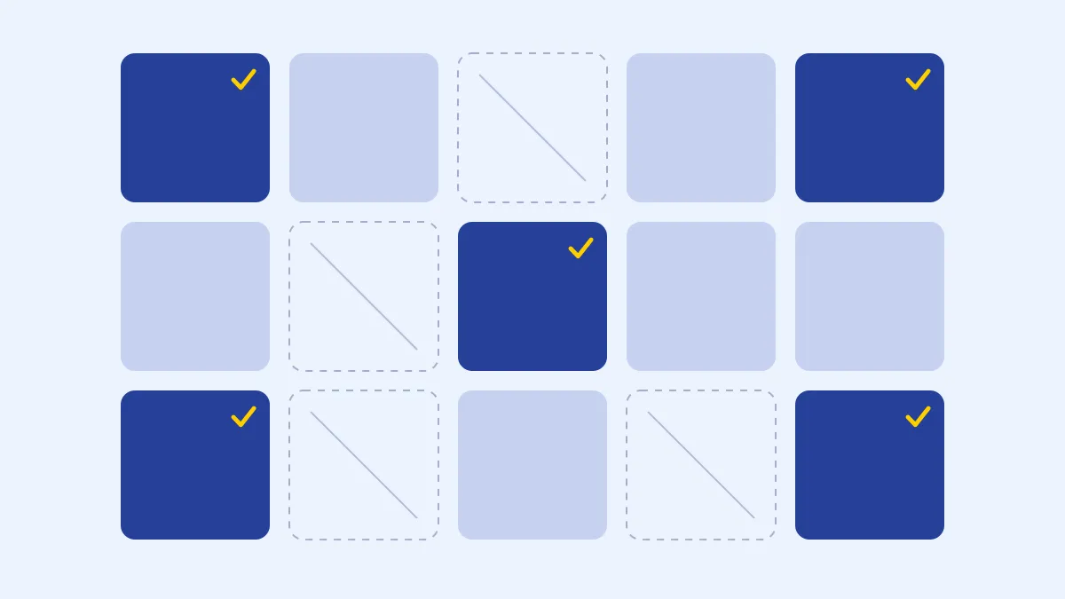 A grid of content cards, some marked to keep, some faded and crossed out