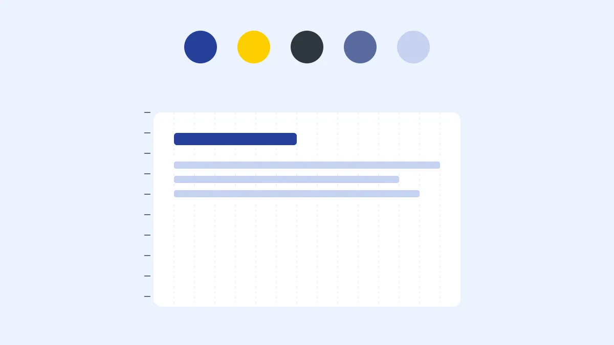 Five color swatches above a wireframe page with a measured spacing grid and a ruler