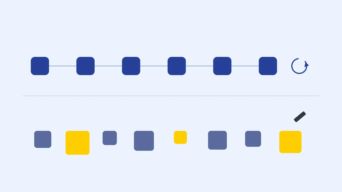 Six identical, connected blocks in an automatic loop above a row of irregular, hand-placed blocks