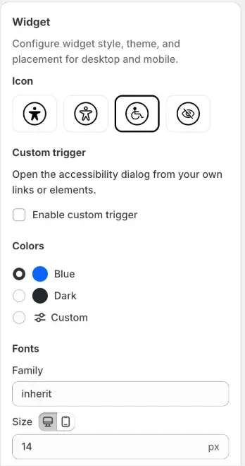 Web Accessibility style settings: icon, colors, fonts and placement