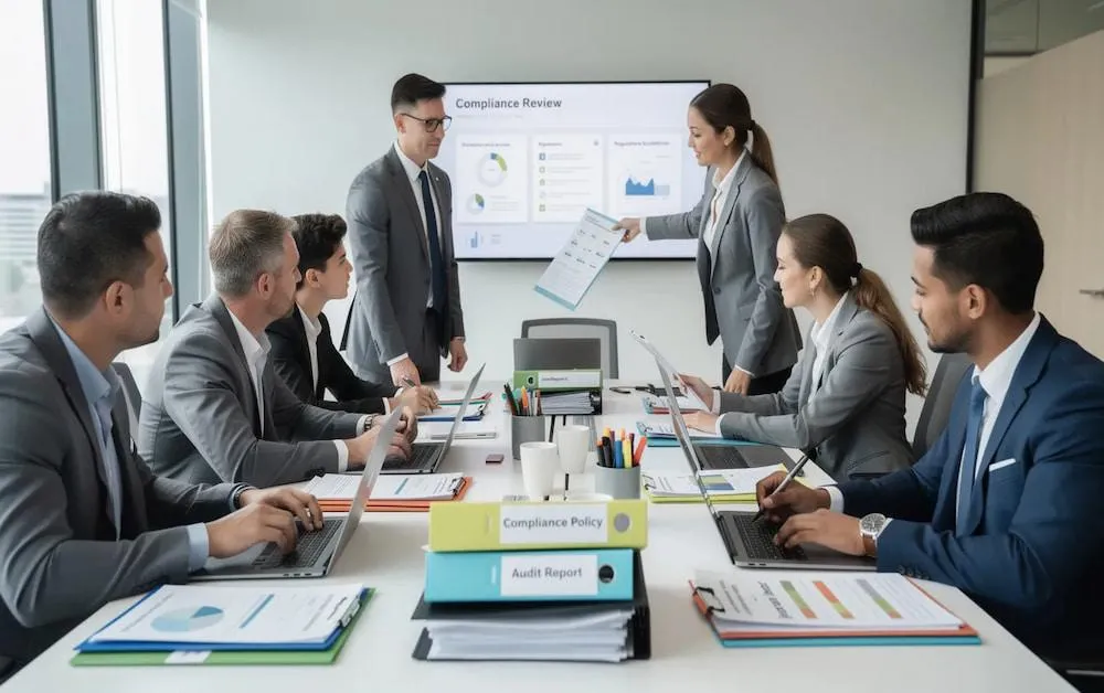 Team in a meeting room reviewing a compliance report