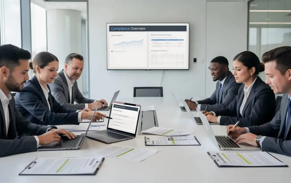 Team at a meeting table reviewing a compliance overview on a screen