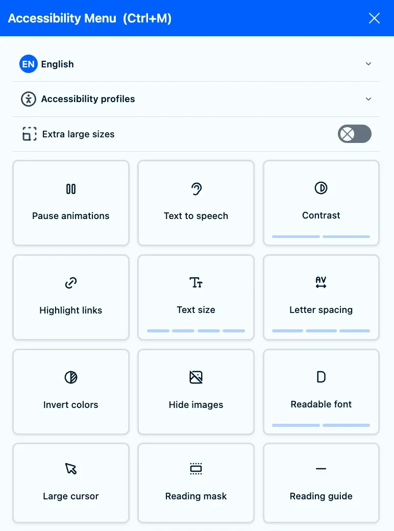 The Pandectes accessibility menu with its visitor tools
