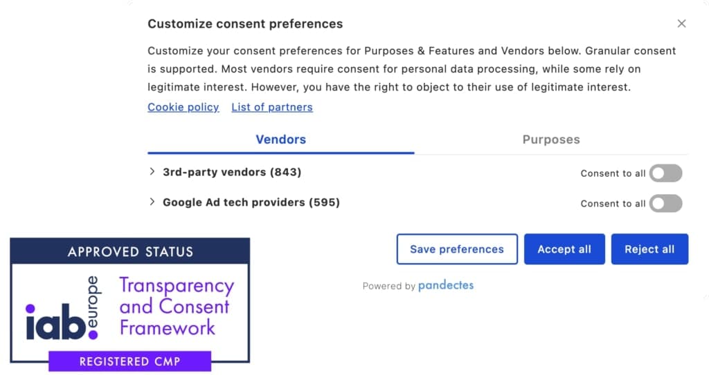 Pandectes GDPR Compliance app for Shopify stores -Pandectes Google and IAB TCF v2.2 Certified CMP - banner