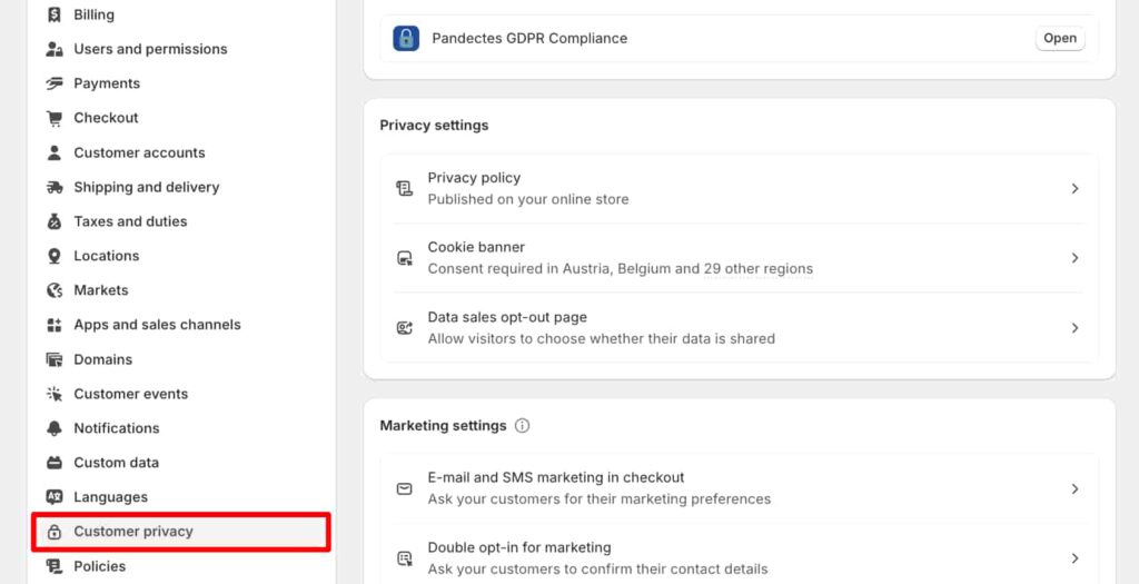 Pandectes GDPR Compliance app for Shopify stores - Shopify GDPR:CCPA: Customer Privacy Updates for 2024 - settings