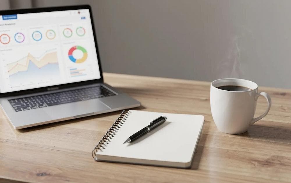 notepad and laptop on desk